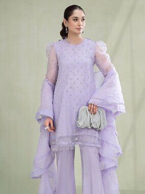 Maria B. Lavender Crystal Embellished Organza Kurti Top | Size S